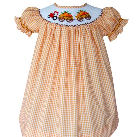New Thanksgiving Pumpkins Girls Bishop Smocked Dress Orange Plaid Fall Tractor - Picture 4 of 7